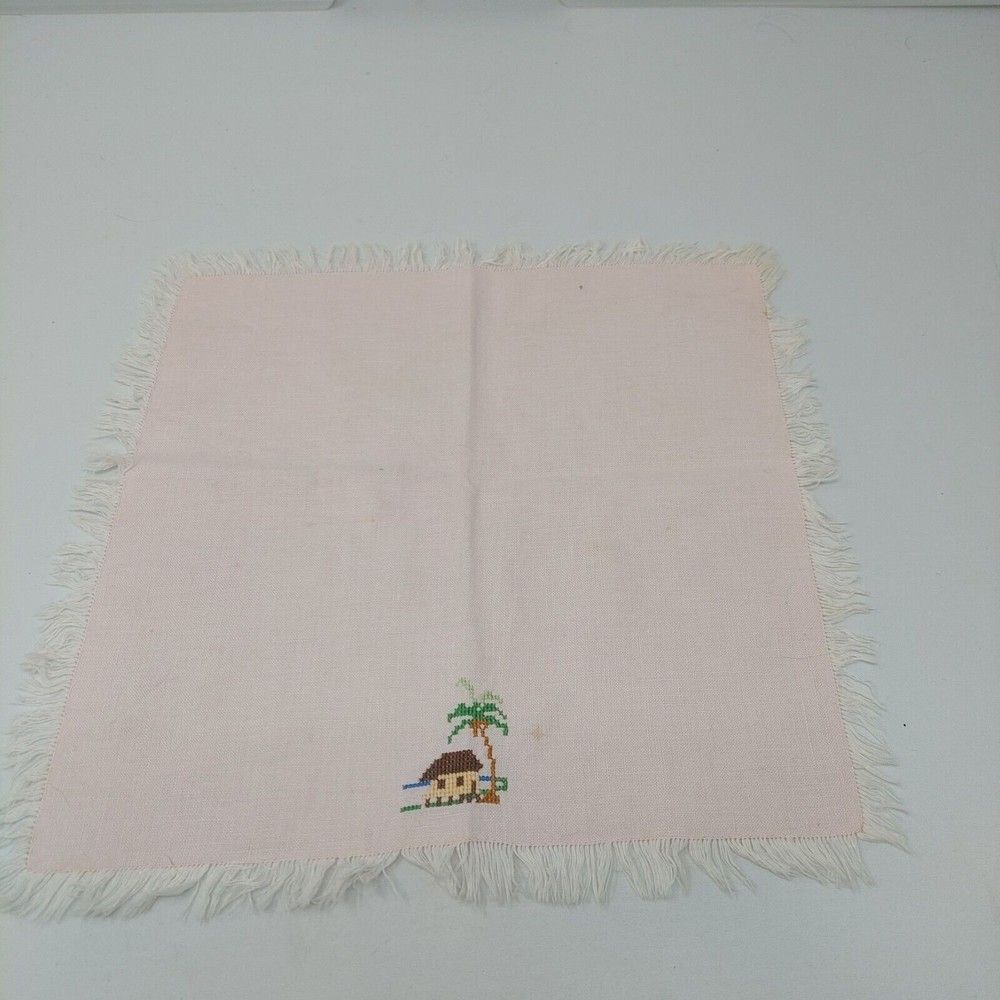 Square Napkin Pale Pink With Handmade Cross Stitch House Tropical Palm Tree